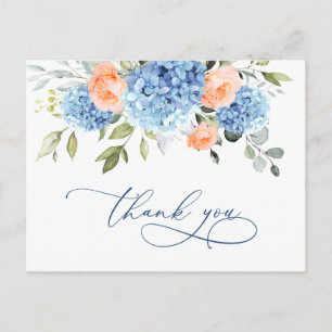 Carte Postale Hydrangea Bleue Élégante Roses Rose Pâle Merci 