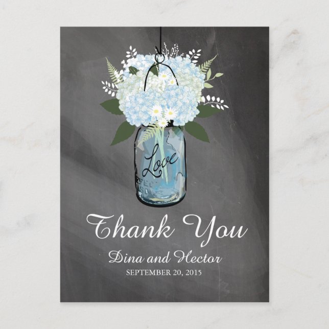 Carte Postale Hydrangea Blue Mason Jar Chalkboard | MERCI (Devant)