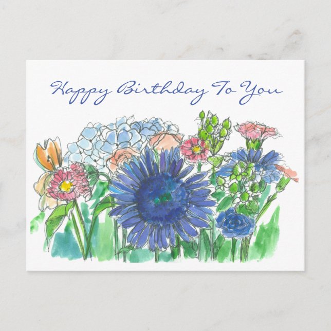 Carte Postale Hydrangea Daisy Aquarelle Fleurs Joyeux anniversai (Devant)