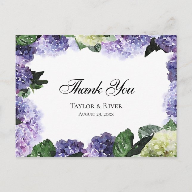 Carte Postale Hydrangeas à l'aquarelle élégants en violet et lav (Devant)