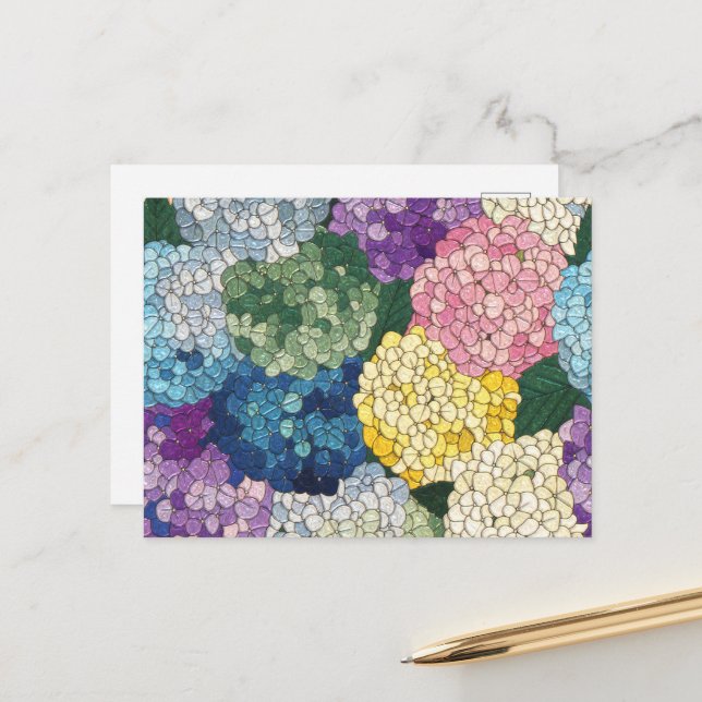 Carte Postale Hydrangeas Pastel Floral Aspect Verre Teinté Faux (Devant/Arrière en situation)