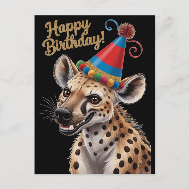 Carte Postale Hyena tachetée portant un casquette d'anniversaire (Devant)