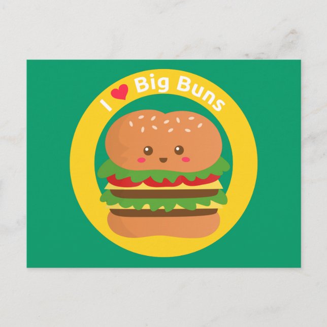 Carte Postale I Love Big Buns, Kawaii Big Burger (Devant)