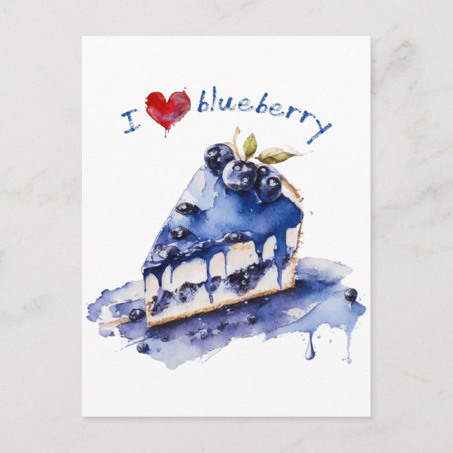 Carte Postale I Love Blueberry TShirt, Blueberry Cake Aquarelle (Devant)