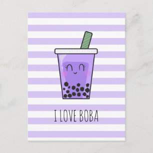 Carte Postale I Love Boba Kawaii Bubble Tea Taro Ube Purple