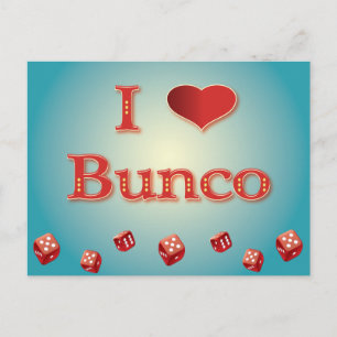 Carte Postale I Love Bunco en rouge avec des dés rouges