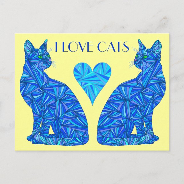 Carte postale I Love Cats Blue Abstrait assis (Devant)