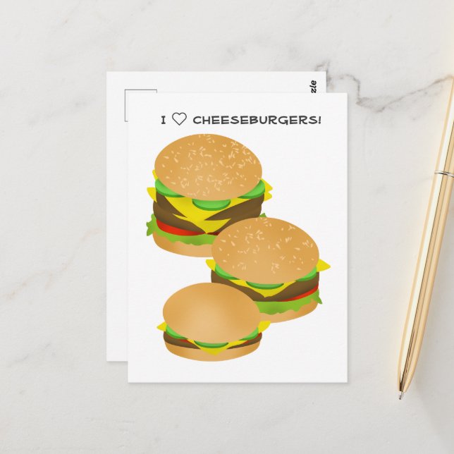Carte Postale I Love Cheeseburgers (Devant/Arrière en situation)
