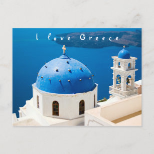 Carte Postale I love Greece Church Santorini bleu photo et texte