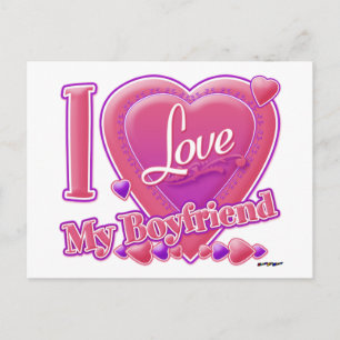 Carte Postale I Love My Boyfriend rose/violet - coeurs