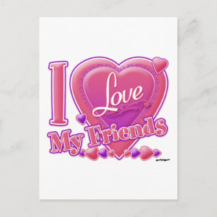 Carte Postale I Love My Friends rose/violet - coeur