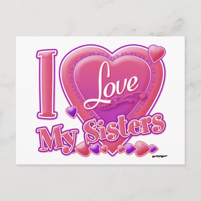 Carte Postale I Love My Sisters rose/violet - coeur (Devant)