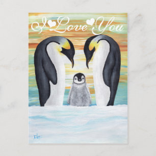 Carte Postale I Love You Penguin Famille avec Baby Penguin