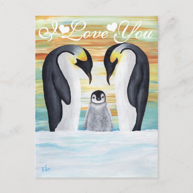 Carte Postale I Love You Penguin Famille avec Baby Penguin (Devant)