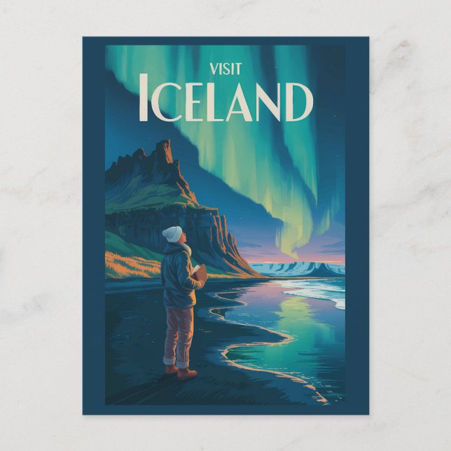 Carte Postale Iceland Northern Lights Illustration Travel Art Vi (Devant)