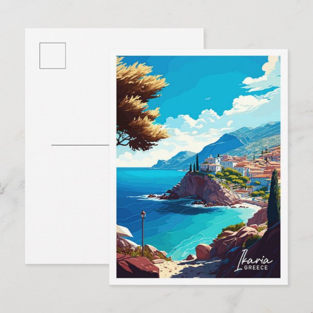 Carte Postale Ikaria Grèce Illustration Vintage Voyage (Devant / Derrière)