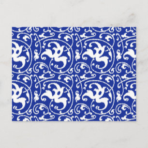 Carte Postale Ikat floral damassé - Bleu de cobalt et blanc