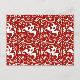 Carte Postale Ikat floral damassé - Rouge foncé et blanc