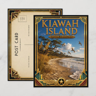 Carte Postale Île de Kiawah Caroline du Sud Art Déco Doré Vintag