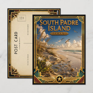 Carte Postale Île de South Padre Texas Art Déco Doré Vintage