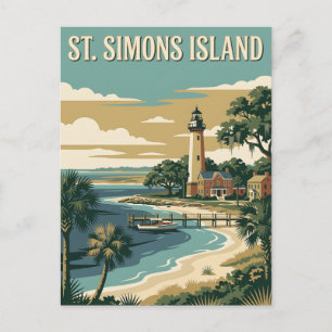 Carte Postale Île de St Simons Géorgie Phare Affiche Vintage