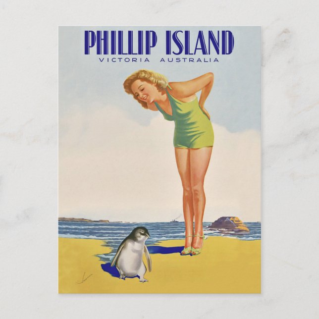 Carte Postale Île Philip, Australie, fille avec manchot (Devant)