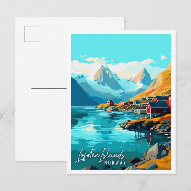 Carte Postale Iles Lofoten Norvège illustration de voyage vintag (Devant / Derrière)
