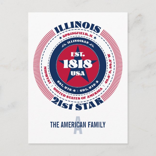 Carte Postale Illinois, Springfield, IL, Patriotique, Monogramme (Devant)
