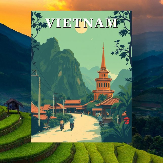Carte postale illustrant les voyages au Vietnam ru (Rural Vietnam Travel Illustration Postcard)