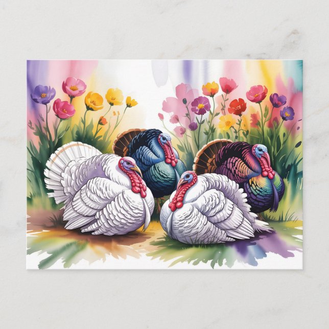 Carte Postale Illustration aquarelle colorée de dindes  (Devant)