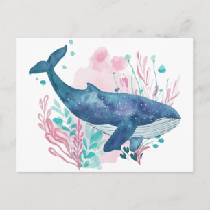 Carte Postale Illustration aquarelle de baleine à bosse mignonne