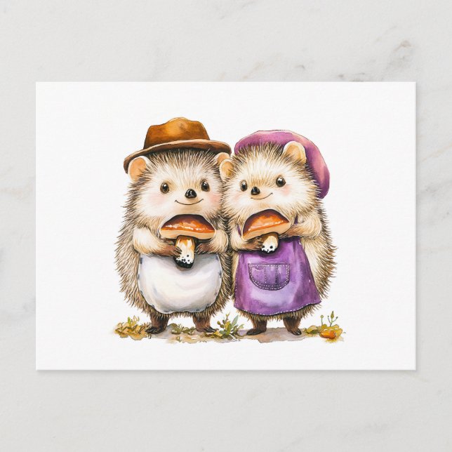 Carte Postale Illustration aquarelle de deux hérissons avec porc (Devant)