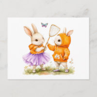 Illustration aquarelle de deux lapins attrapant de