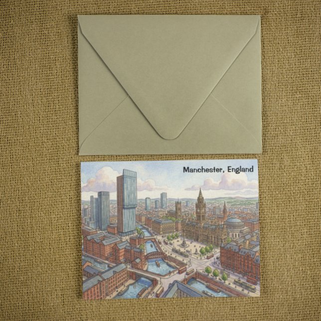 Carte Postale Illustration aquarelle de Manchester Angleterre (Manchester England Watercolor Illustration Postcard)