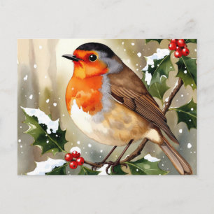 Carte Postale Illustration aquarelle de Noël de rouge-gorge cosy