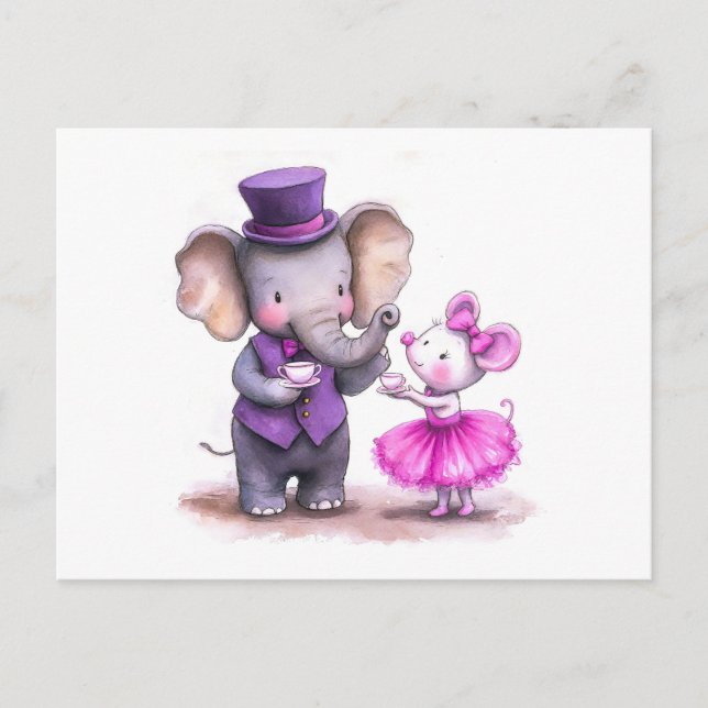 Carte Postale Illustration aquarelle d'éléphant et de souris Hav (Devant)