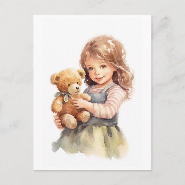 Carte Postale Illustration aquarelle d'ours en peluche de fille  (Devant)