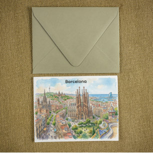Carte Postale Illustration aquarelle du paysage urbain de Barcel