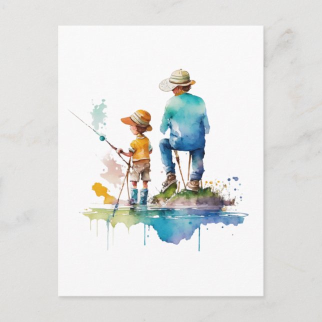 Carte Postale Illustration aquarelle du père et du fils Art IA (Devant)