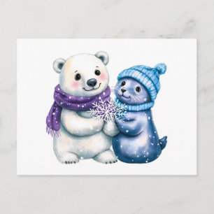 Carte Postale Illustration aquarelle d'un ours polaire et d'un p