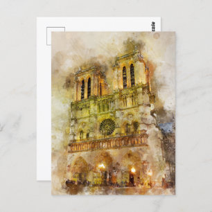 Carte Postale Illustration aquarelle Notre-Dame Cathédrale Paris