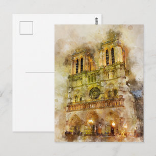 Carte Postale Illustration aquarelle Notre-Dame Cathédrale Paris
