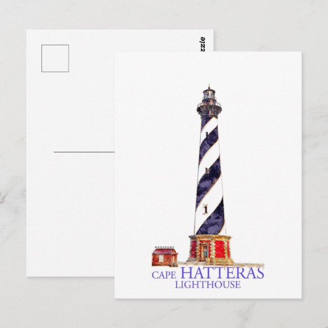 Carte Postale Illustration aquarelle Phare de Cape Hatteras (Devant / Derrière)