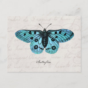 Carte Postale Illustration bleue turquoise vintage de papillon -