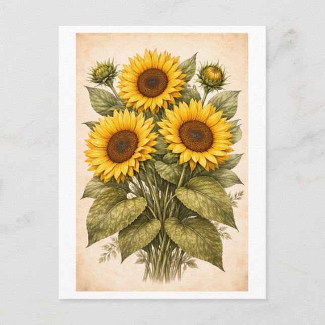 Carte Postale Illustration botanique de tournesol de style vinta (Devant)