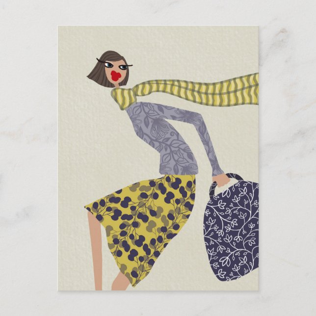 Carte Postale Illustration Chic Fall Windy Day Fashion (Devant)