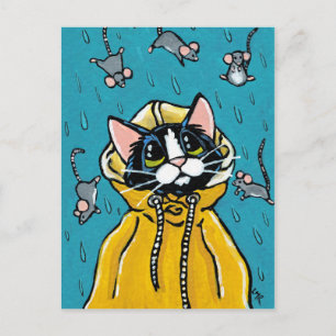 Carte Postale Illustration Cute Tuxedo Chat et Pluie