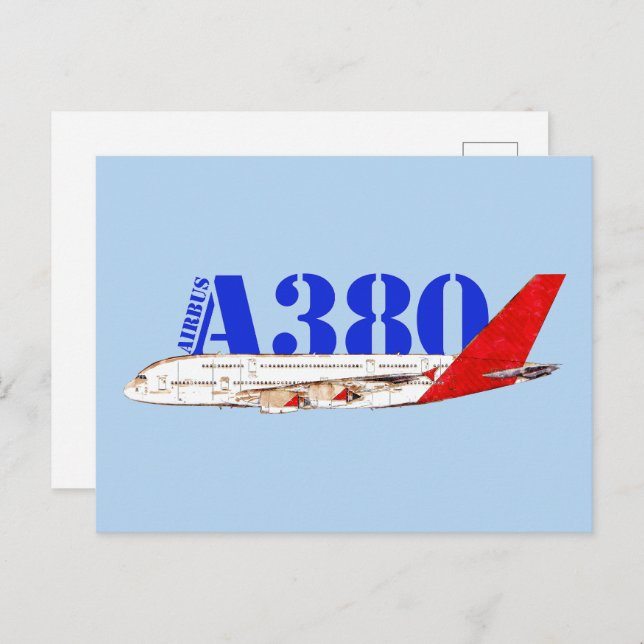 Carte Postale Illustration d'Airbus A380 avec design de queue ro (Devant / Derrière)