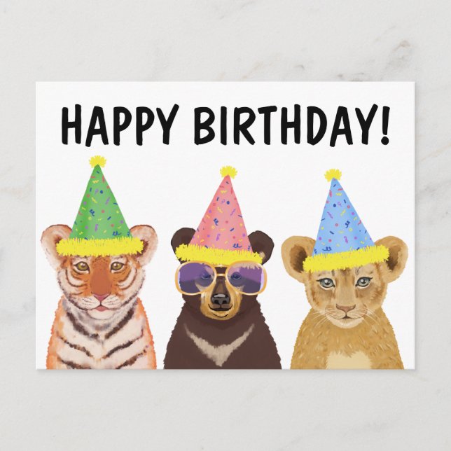Carte Postale Illustration d'animaux sauvages "Joyeux Anniversai (Devant)
