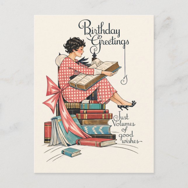 Carte Postale Illustration d'anniversaire pour amateur de livres (Devant)